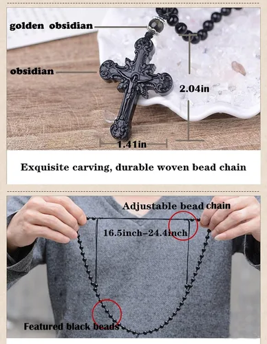 Vista 5 de Collar con dije de cruz de obsidiana negra, cristal curativo de obsidiana natural, piedra de energía, amuleto, para mujeres, hombres, niñas, niños