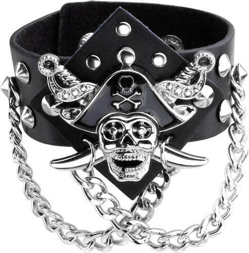 Vista 7 de Eigso Pulsera de cuero sintético negro con calavera para hombre y mujer, pulsera ajustable