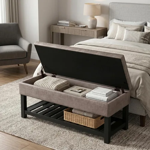 Vista 4 de SIMPLIHOME Cosmopolitan - Otomana de cuero vegano de 44 pulgadas de ancho Gris pardo envejecido