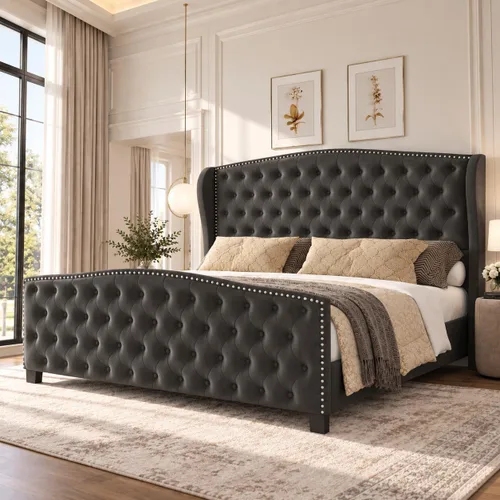 Vista 10 de LARMACE Base de cama tamaño Queen con tapizado de terciopelo, cama de plataforma con cabecera y pie de ala, base de cama con botones profundos