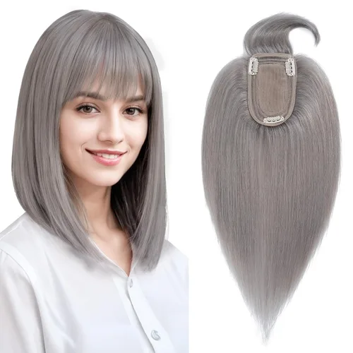 Vista 33 de Benehair Peluca de cabello con clip con flequillo, peluca secreta de cabello 100% humano, postizo superior con flecos, peluca de repuesto