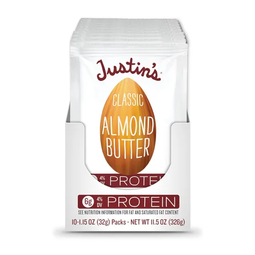 Vista 3 de Justin's Paquetes clásicos de mantequilla de almendras para apretar, solo dos ingredientes, sin gluten, sin OMG, aptos para dieta cetogénica
