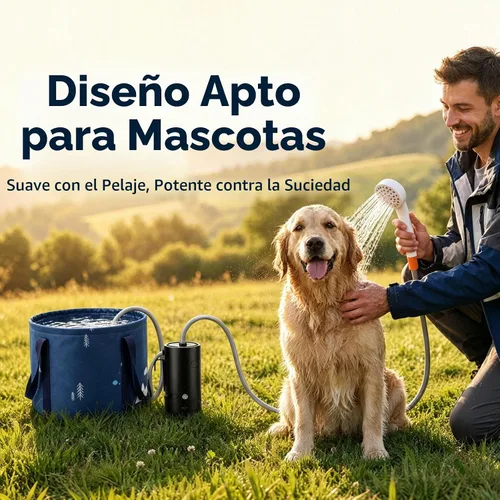 Vista 5 de Ducha portátil para campamento, 4400 mAh, recargable por USB, IPX7, impermeable, bomba de ducha con batería + cubo plegable para campamento Negro