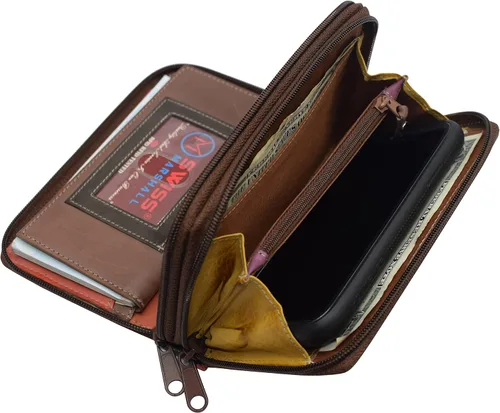 Vista 3 de Marshal Cartera de piel auténtica con doble cremallera para mujer #4575CF, Multicolor suizo, Cartera con cremallera para mujer