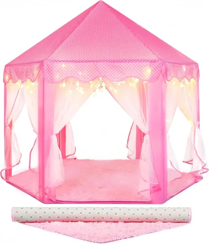 Vista 10 de wilwolfer Tienda de campaña tipo castillo de princesa para niñas, tienda de campaña hexagonal grande para jugar, casa de juegos con luces de Tienda