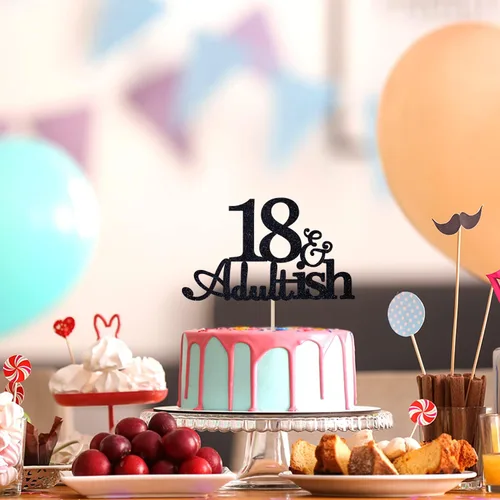 Vista 4 de Decoración para pastel de 18 años con purpurina negra y Adultish para fiesta de cumpleaños de dieciocho años, decoraciones de pastel de tiempo