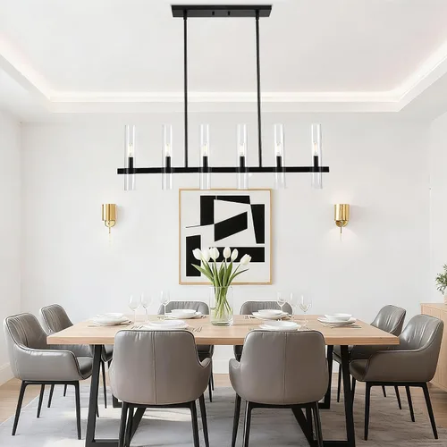 Vista 5 de Untrammelife Lámpara de Isla Lineal Moderna, Candelabro Grande Negro de 6 Luces de 36" de Ancho, Lámpara Colgante Rectangular con Pantalla de Vidrio