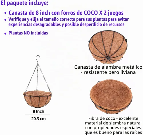 Vista 2 de LaLaGreen - Cestas colgantes para plantas (8 pulgadas, 2 unidades)