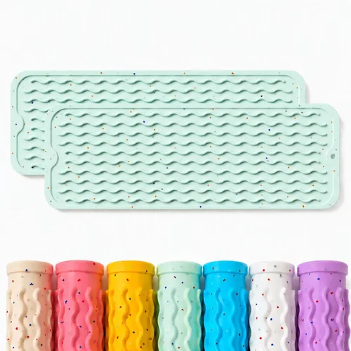Vista 34 de CAKETIME Paquete de 2 tapetes de secado de platos de silicona multicolor para encimera de cocina, comedor, manteles individuales resistentes al