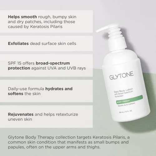 Vista 5 de Glytone Loción corporal diaria con SPF 15 – Crema hidratante de amplio espectro para cuerpo – Loción Spf con ácido glicólico y manteca de karité