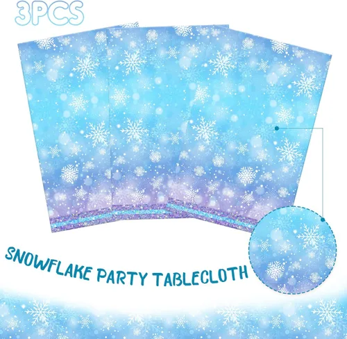 Vista 3 de Mantel de copo de nieve azul y blanco, 3 piezas, mantel rectangular de plástico desechable, 70 x 43 pulgadas, suministros para fiesta de cumpleaños