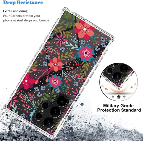 Vista 7 de Funda para Galaxy S23 Ultra, Samsung S23 Ultra S918U con protector de pantalla de vidrio templado, funda protectora de TPU transparente floral
