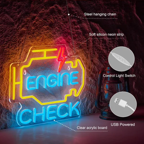 Vista 4 de Letrero de neón Check Engine para decoración de pared de garaje, letreros de neón Check Engine para taller de reparación de automóviles con letreros