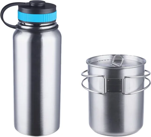 Vista 2 de Botella de agua de acero inoxidable Gearland con taza de camping anidada y tapa para bolsa de evacuación, equipo de supervivencia en la naturaleza