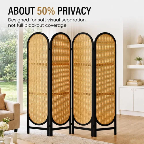 Vista 2 de Divisor de habitación de ratán arqueado de 5.6 pies, pantalla de privacidad plegable, 4 paneles independientes con bisagras dobles, divisor