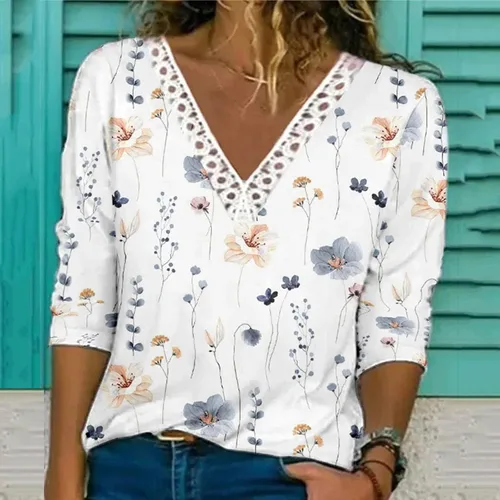 Vista 2 de Camisetas con estampado floral para mujer, con encaje de ganchillo, cuello en V, manga larga, estilo casual, holgadas