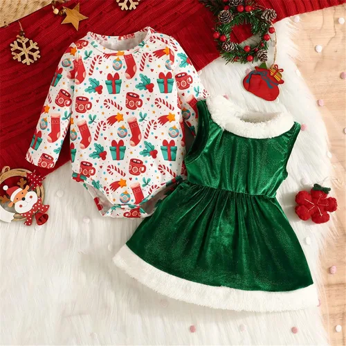 Vista 3 de TBUIALL Baby Girl Outfits Soft Cotton Warm Crewneck Long Sleeve Christmas Floral Hoodie + Gold Velvet Baby Girl