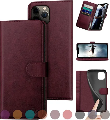 Vista 13 de DuckSky Funda tipo cartera de piel auténtica para iPhone 11 Pro con bloqueo RFID, 4 tarjeteros de crédito. Cuero auténtico. Funda protectora