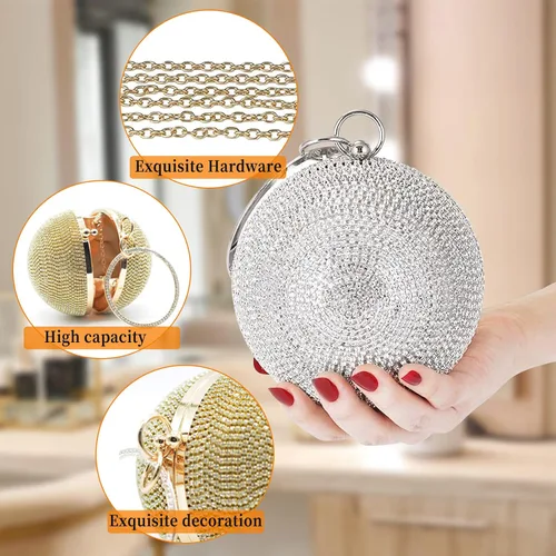 Vista 4 de Bolso de mano redondo de cristal para mujer, bolso de noche con diamantes de imitación, lentejuelas brillantes, bolso de hombro con purpurina, bolso