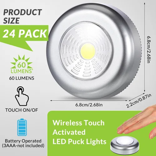 Vista 2 de Macarrie Paquete de 24 luces de disco con toque de presión, mini luz nocturna LED inalámbrica táctil de 2.68 pulgadas, 60 lúmenes, funciona