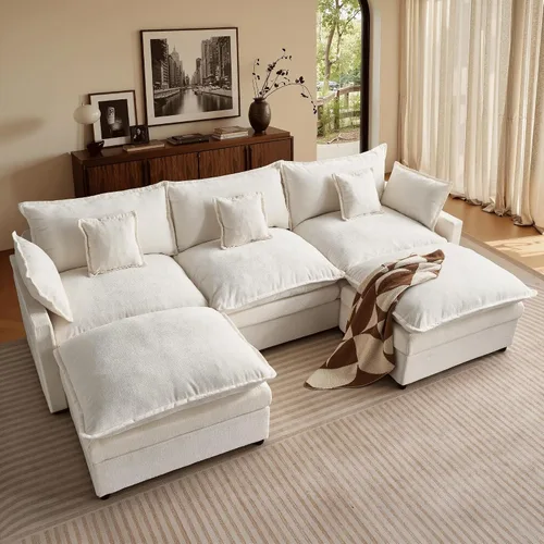 Vista 13 de ovios Sofá modular Cloud de 108 pulgadas con 2 otomanas, sofá en forma de U de 5 plazas, cómodos sofás de felpilla con 5 almohadas para sala de Gris