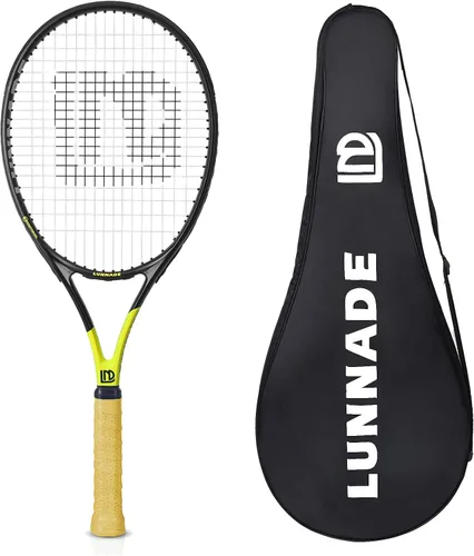Vista 11 de Raqueta de tenis para adultos de 27 pulgadas, raqueta de tenis de fibra de carbono a prueba de golpes, ligera, pre-cordada y con empuñadura