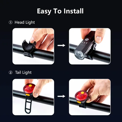 Vista 6 de Juego de luces de bicicleta recargable por USB, potente combinación de faros y luces traseras para bicicleta, 5 modos de luz, fácil de instalar