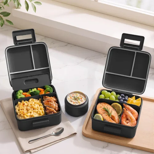 Vista 6 de MAISON HUIS Lonchera Bento con termo de sopa de 8 onzas y bolsa de almuerzo aislada, recipientes de comida a prueba de fugas para niños con 5