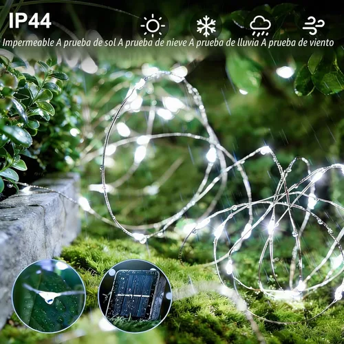 Vista 2 de QITONG - 4 paquetes de luces solares de Navidad blancas, cada una de 33 pies, 100 LED, luces de hadas impermeables para exteriores, 8 modos, luces