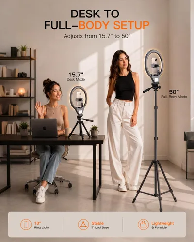 Vista 5 de SENSYNE - Anillo de luz de 10 pulgadas con soporte de trípode extensible de 50 pulgadas, luces circulares LED con soporte para teléfono