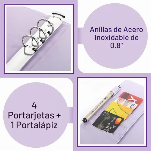 Vista 3 de Mr. Pen - Carpetas de planificador de piel, cubierta de cuaderno de composición recargable, carpeta de portafolios, 6 anillas (A5, morado)