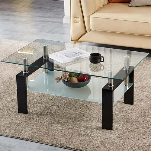 Vista 15 de Mesa de centro rectangular de vidrio para sala de estar, con mesa de vidrio templado y capa de MDF, para sala de estar y oficina