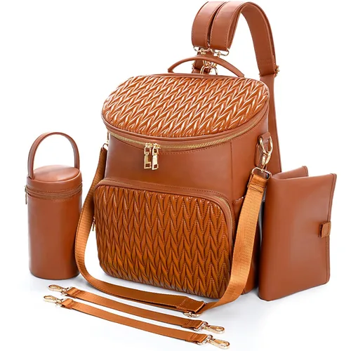 Vista 13 de Mochila para pañales, mochilas de cuero de moda para mamá, bolsas de pañales para bebés pequeños con organizador en bolsa y cambiador, Negro, M