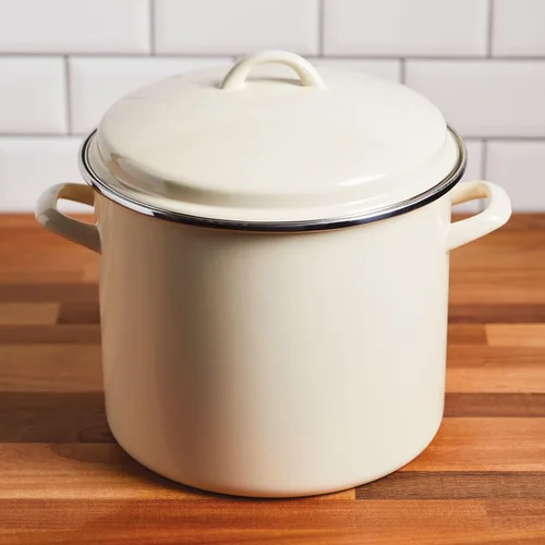 Vista 2 de Rachael Ray Olla esmaltada en acero con tapa, apta para inducción, 12 cuartos de galón, crema de almendras