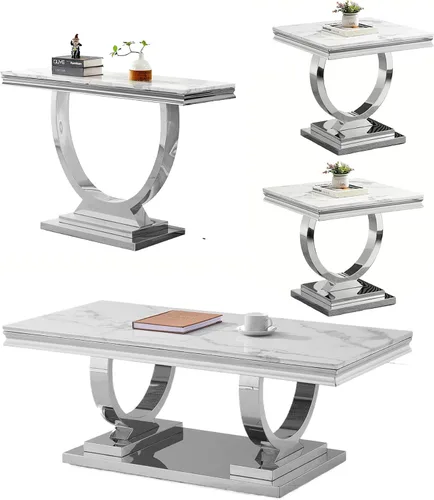 Vista 13 de Juego de 2 mesas de café de mármol, juego de mesa de sala de estar de 2 piezas que incluye 1 mesa auxiliar y 1 mesa auxiliar, moderna mesa de centro