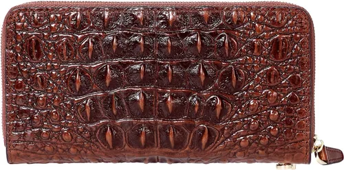 Vista 4 de PIJUSHI Billetera de piel de cocodrilo para mujer, bolso de mano, 1058 Café Croco