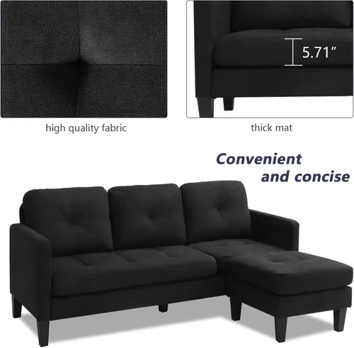 Vista 5 de Grepatio Sofá modular convertible, sofá en forma de L con tela de lino moderna para espacio pequeño (negro)