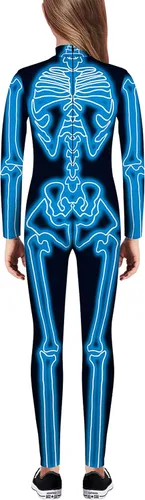 Vista 2 de ALUWU Disfraz de esqueleto de Halloween para niños, overol con estampado 3D para niño y niña, overol azul para cosplay, talla 11 a 12 años