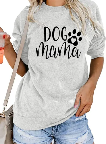 Vista 3 de ALLTB Sudadera con estampado de texto en inglés Dog Mom para mujer, sudadera de manga larga con estampado de letras