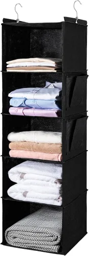 Vista 17 de BOOMIBOO Organizador de armario colgante y estantes, 5 estantes colgantes con 2 bolsillos laterales, almacenamiento plegable (beige)