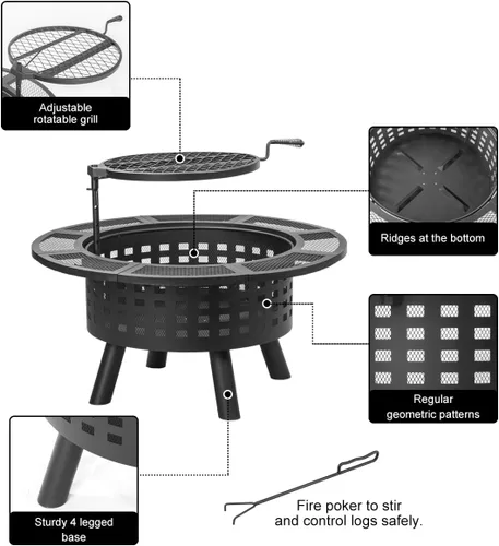 Vista 7 de Verdeluxe Hoguera al Aire Libre de 91 cm con Parrilla, Hogueras de Leña para Exteriores con Tapa y Atizador, Mesa de Hoguera 3 en 1 de Metal