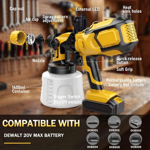 Vista 6 de Pulverizador de pintura inalámbrico compatible con batería Dewalt de 20 V MAX (sin batería), pistola de pintura eléctrica con luz LED, 4 boquillas