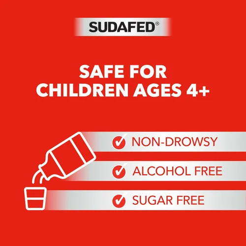 Vista 4 de Sudafed Descongestionante Nasal PE Para Niños, Medicina Líquida para el Alivio del Resfriado con Fenilefrina HCl, Sin Alcohol y Sin Azúcar, Sabor a