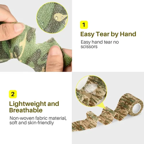 Vista 5 de Cinta envolvente autoadhesiva de camuflaje para protección de 5 cm x 4,5 m. Cinta de camuflaje discreta de tela no tejida. Vendaje elástico para ACU