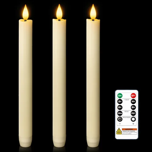 Vista 21 de Homemory Velas cónicas cerosas sin llama de 11 pulgadas con temporizador remoto, 3 velas cónicas que funcionan con pilas con llama parpadeante