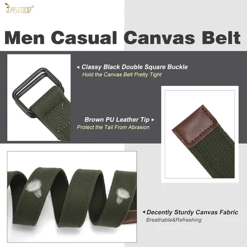 Vista 3 de JASGOOD Cinturones de tela de lona para hombre, cinturones casuales de tela con hebilla de doble anillo negro, paquete de 2