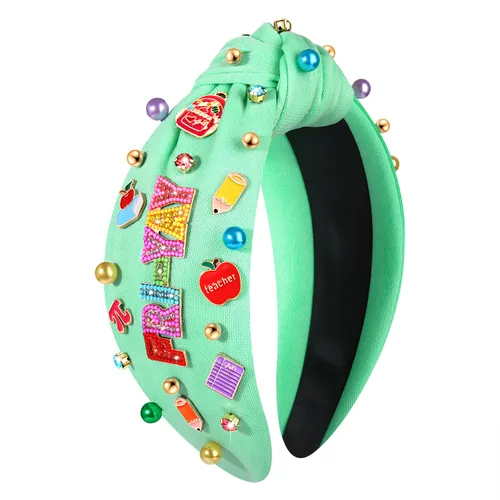 Vista 8 de Diademas para profesoras, diadema anudada con perlas de cristal para mujer, lindo libro para enseñar, adornado con nudo superior, regalos