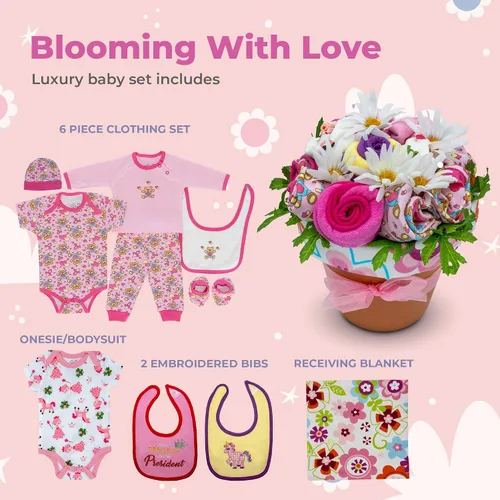 Vista 2 de Ramo de flores de ropa para bebé niña Set de regalo para bebé recién nacida Cesta de regalo para futuras mamás y revelaciones de género Set