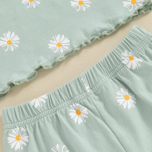 Vista 5 de fhutpw Conjunto de ropa de verano para niñas pequeñas, camisetas de manga corta con volantes de margaritas, tops y pantalones cortos florales, 2