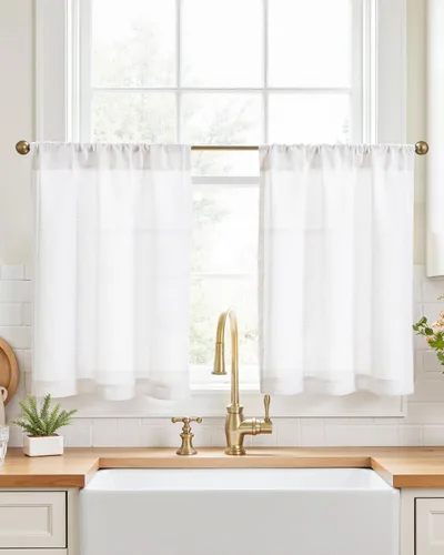 Vista 35 de Jinchan - Cortinas de cocina de lino rústico beige con bolsillo para barra, 26 x 36 pulgadas, 2 paneles